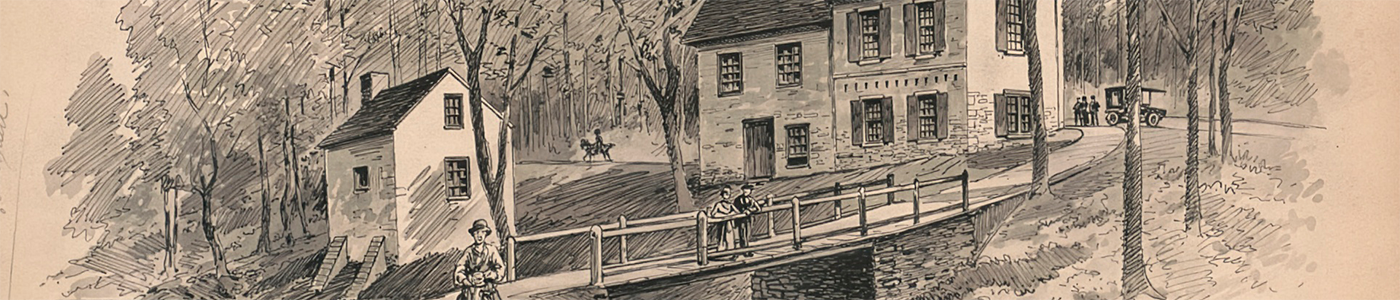 Historic line drawing of Rittenhouse Mill in Pennsylvania