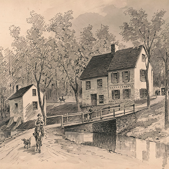 Historic line drawing of Rittenhouse Mill in Pennsylvania